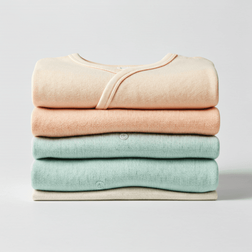 Folded organic baby clothes in warm colors